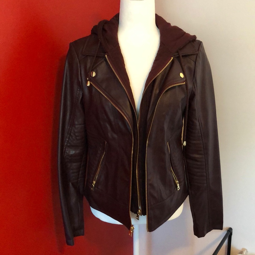 Faux Leather Maroon Jacket with hood NWOT